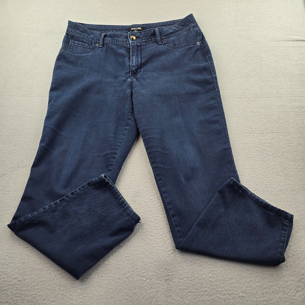 Roz & Ali Jeans Womens 14 Short Blue Denim Cotton Stretch Mid Rise Straight Leg